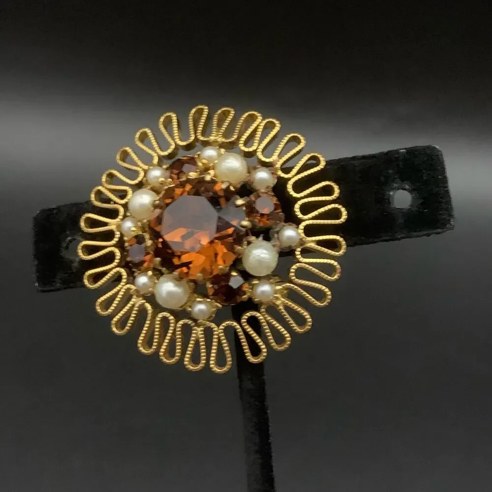 Vintage Austrian Crystal Brooch Pin Made In Austria Smokey Amber Brown Crystal